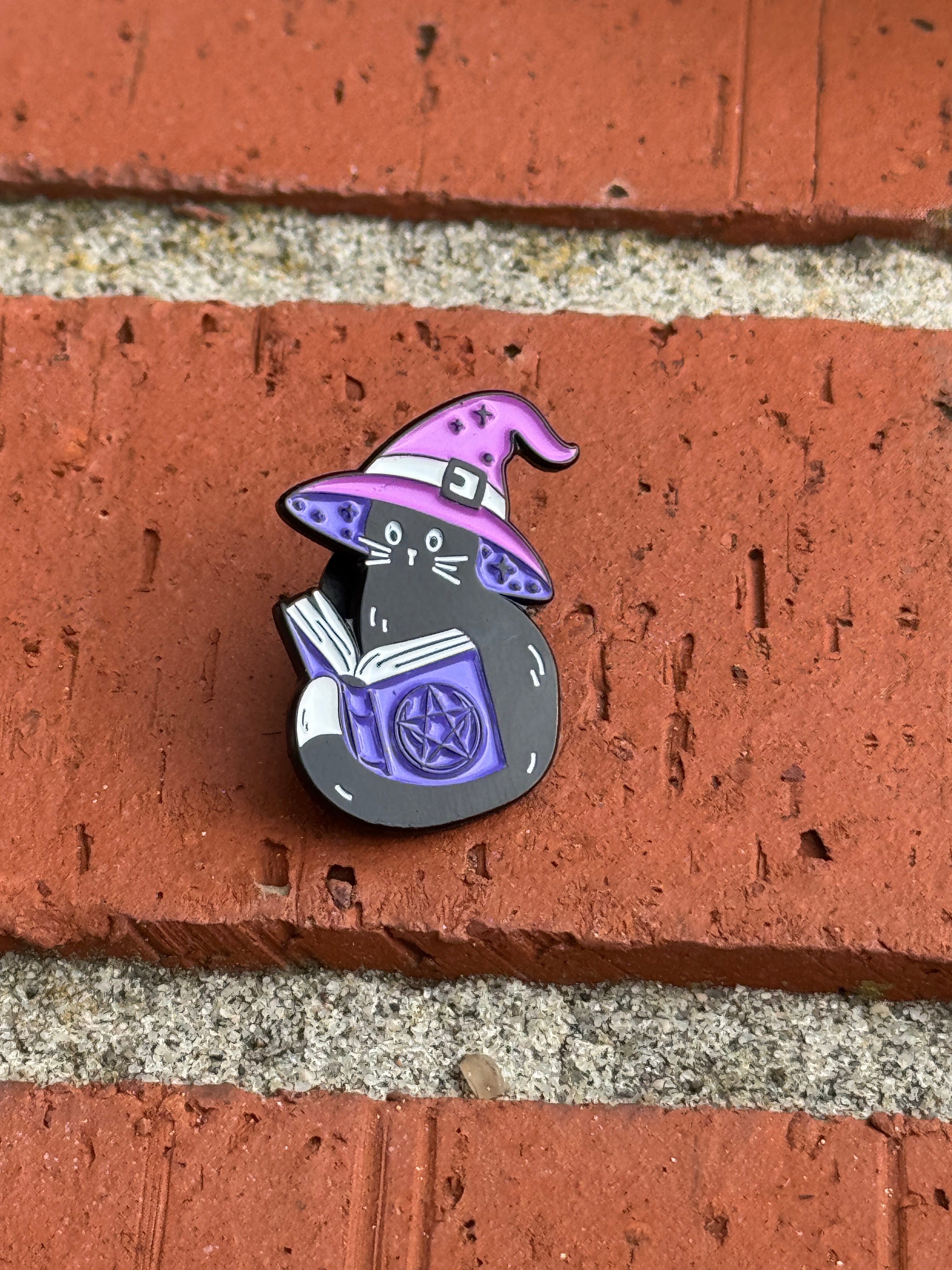 Witch Cat with Spellbook - Purple Enamel Pin