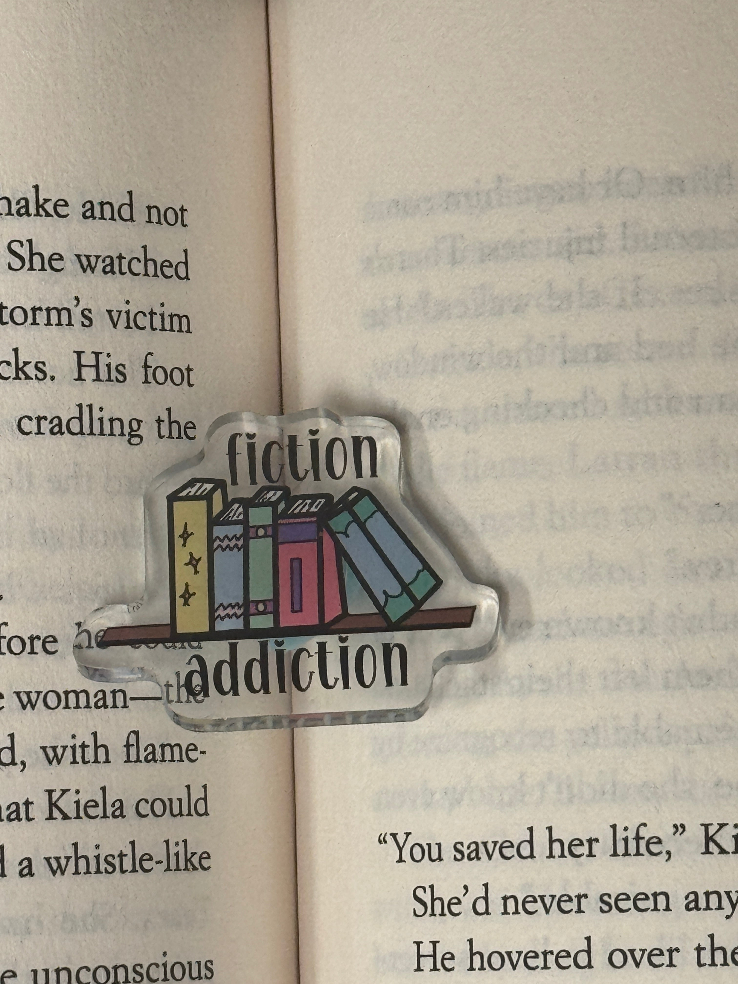 Fiction Addiction Bookshelf Acrylic Pin